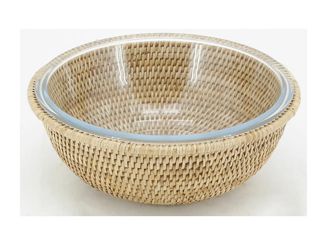 Ensemble saladier et support en rotin Rond