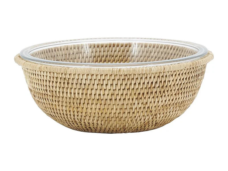 Ensemble saladier et support en rotin Rond