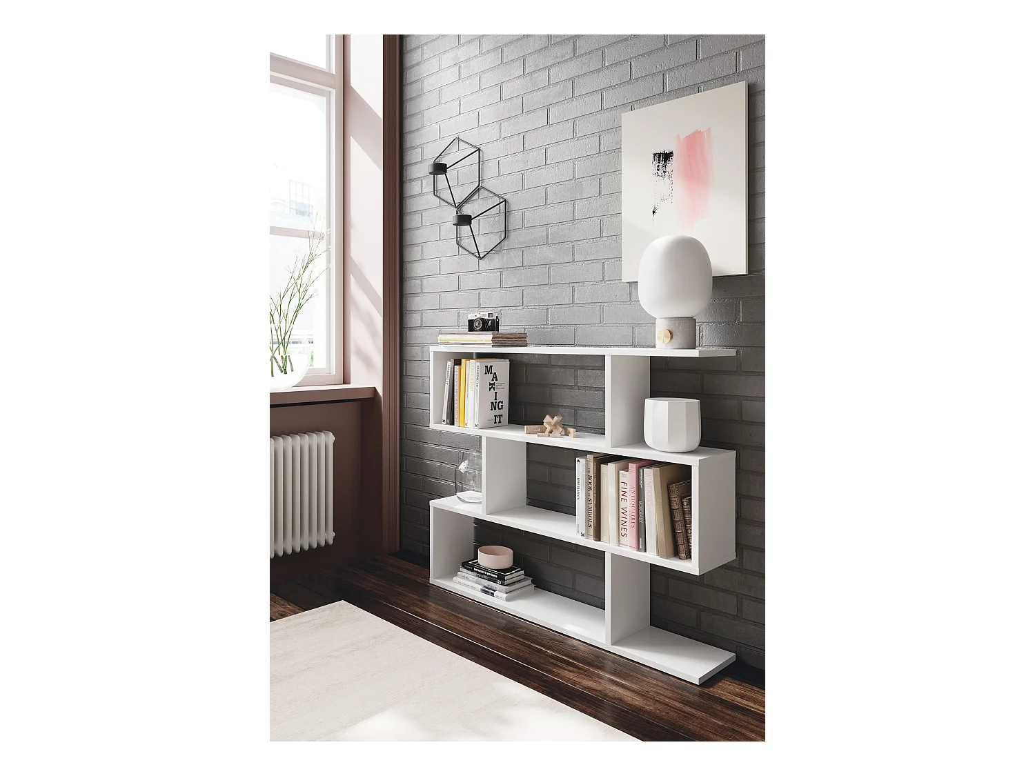 Bibliothèque, étagère basse 3 niveaux en bois mélaminé coloris blanc brillant - Longueur 110 x Profondeur 24 x Hauteur 97 cm