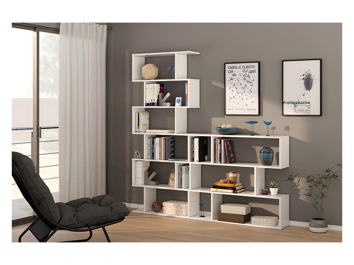 Bibliothèque, étagère basse 3 niveaux en bois mélaminé coloris blanc brillant - Longueur 110 x Profondeur 24 x Hauteur 97 cm