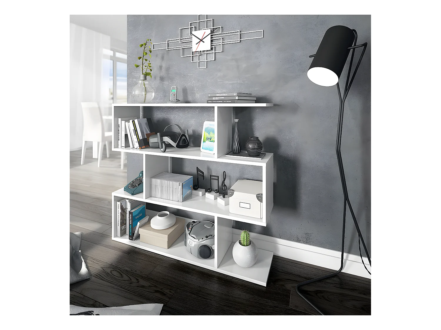 Bibliothèque, étagère basse 3 niveaux en bois mélaminé coloris blanc brillant - Longueur 110 x Profondeur 24 x Hauteur 97 cm