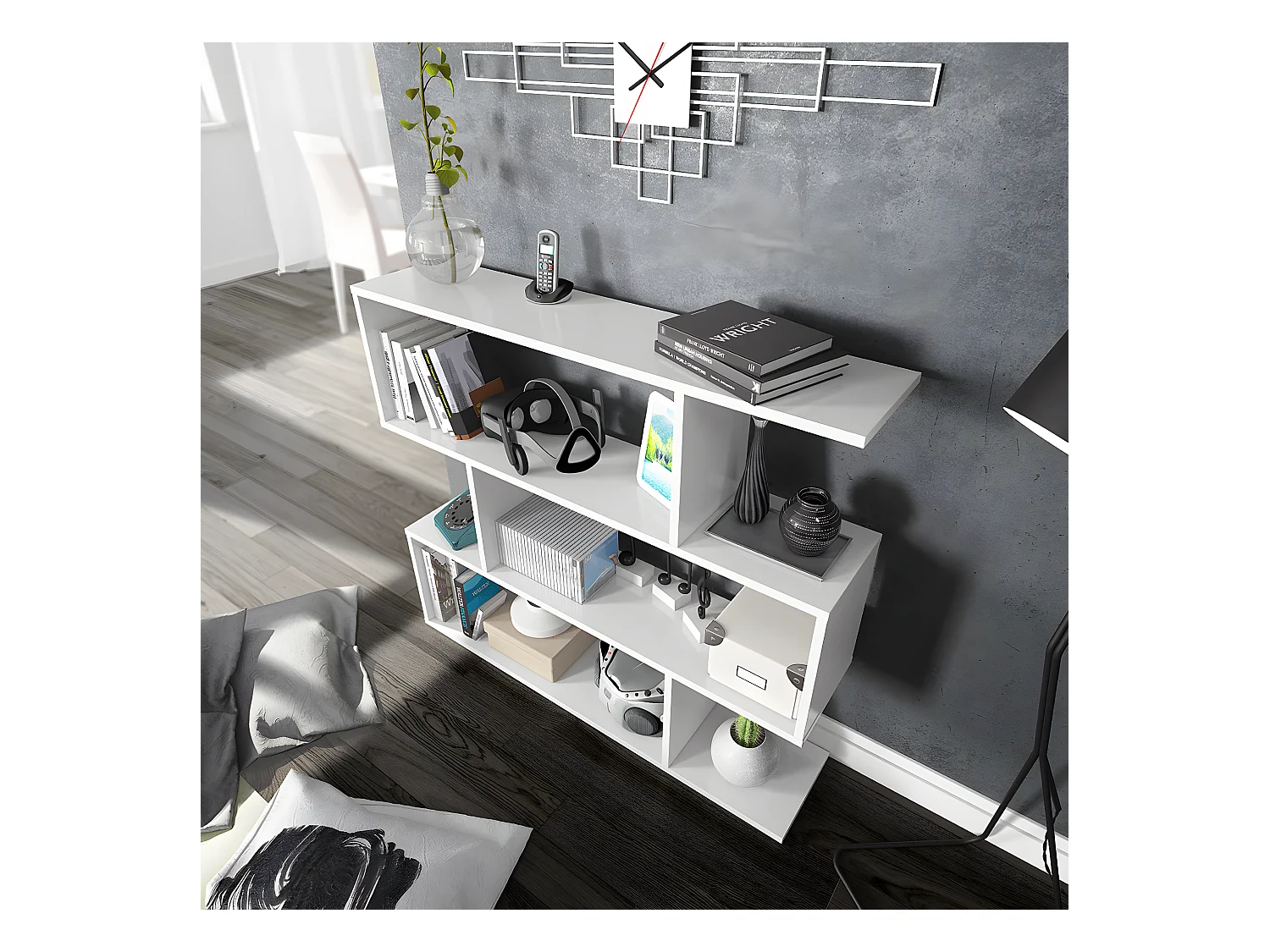 Bibliothèque, étagère basse 3 niveaux en bois mélaminé coloris blanc brillant - Longueur 110 x Profondeur 24 x Hauteur 97 cm