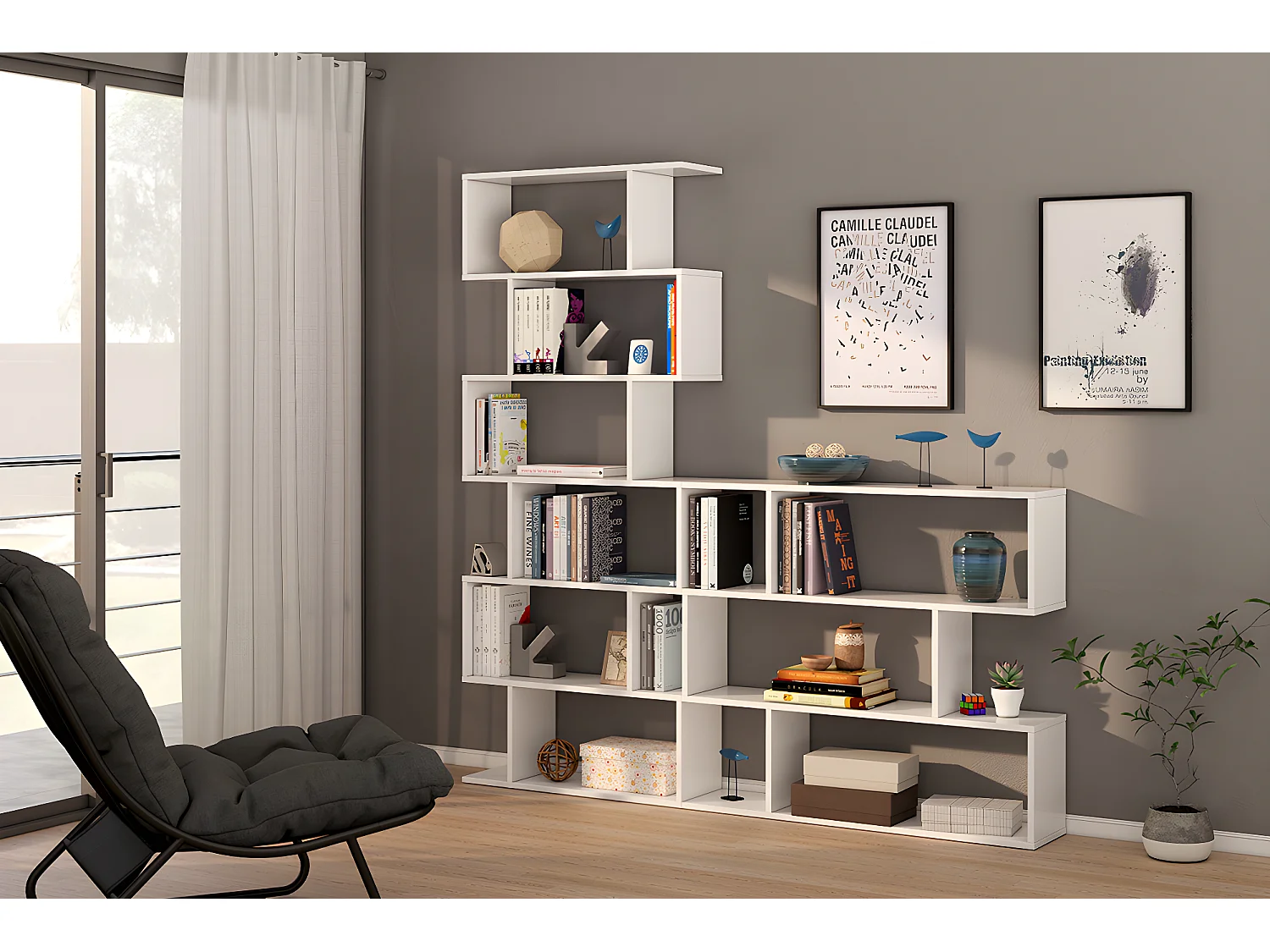 Bibliothèque, étagère basse 3 niveaux en bois mélaminé coloris blanc brillant - Longueur 110 x Profondeur 24 x Hauteur 97 cm