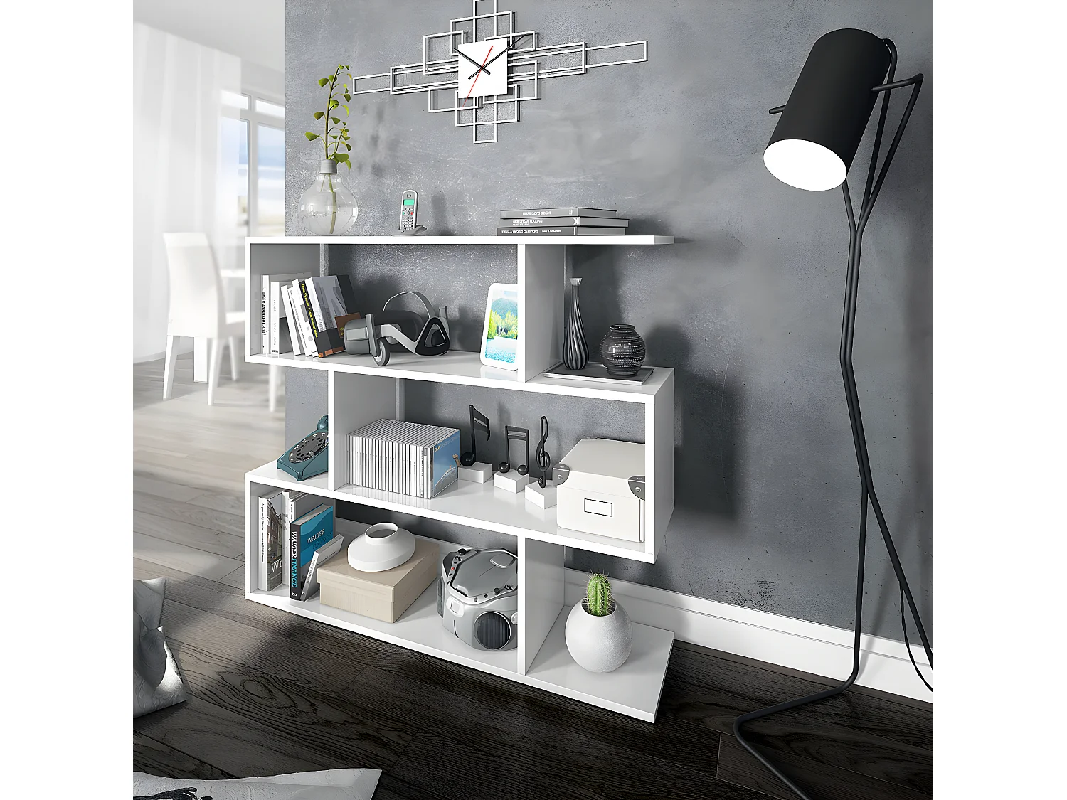 Bibliothèque, étagère basse 3 niveaux en bois mélaminé coloris blanc brillant - Longueur 110 x Profondeur 24 x Hauteur 97 cm