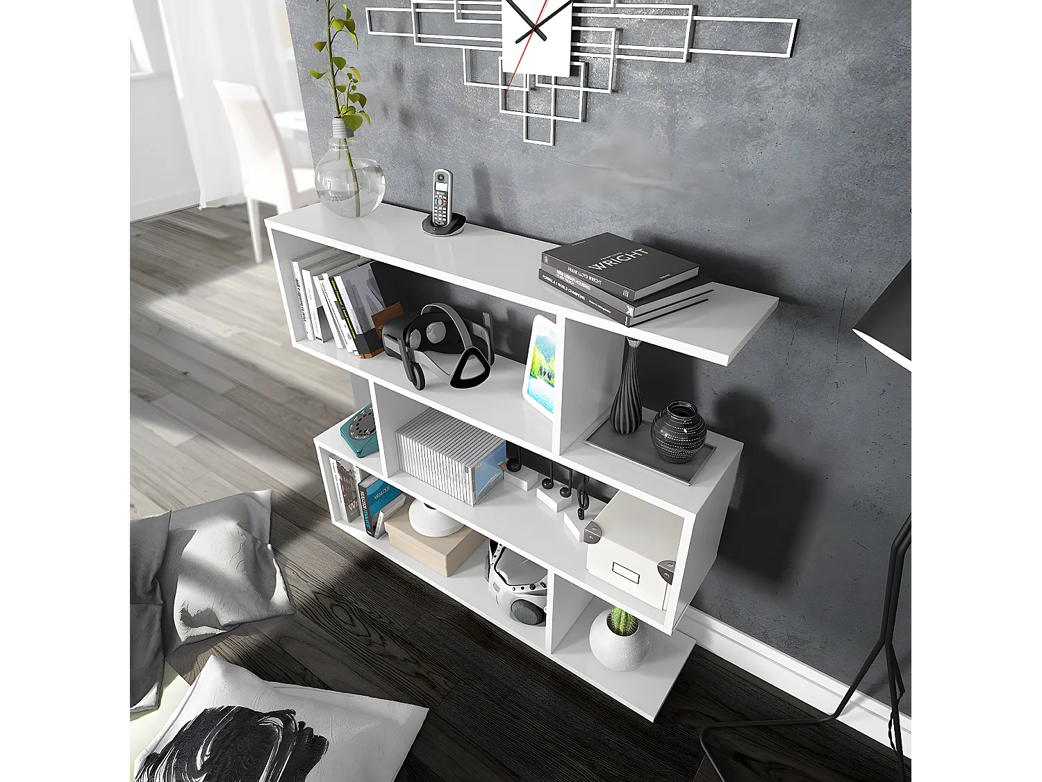 Bibliothèque, étagère basse 3 niveaux en bois mélaminé coloris blanc brillant - Longueur 110 x Profondeur 24 x Hauteur 97 cm