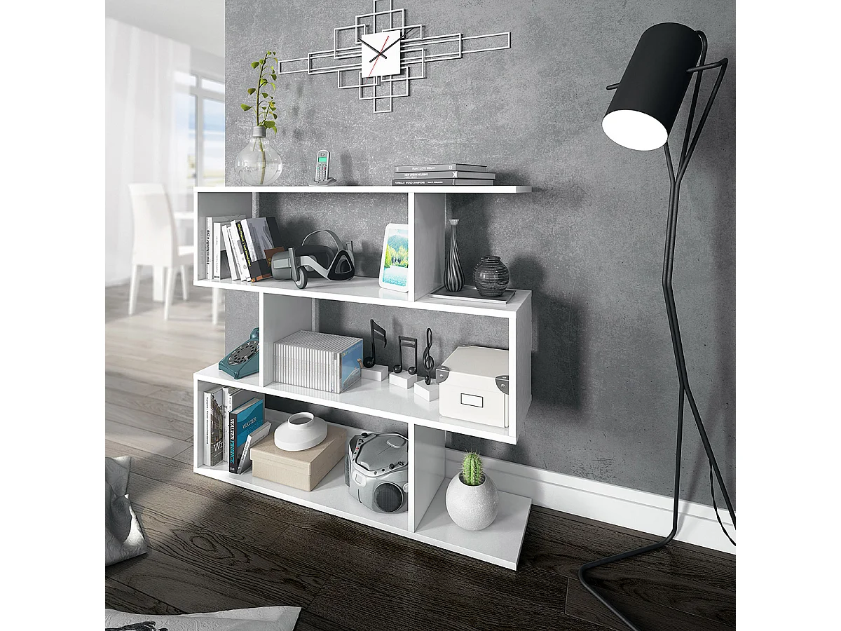 Bibliothèque, étagère basse 3 niveaux en bois mélaminé coloris blanc brillant - Longueur 110 x Profondeur 24 x Hauteur 97 cm