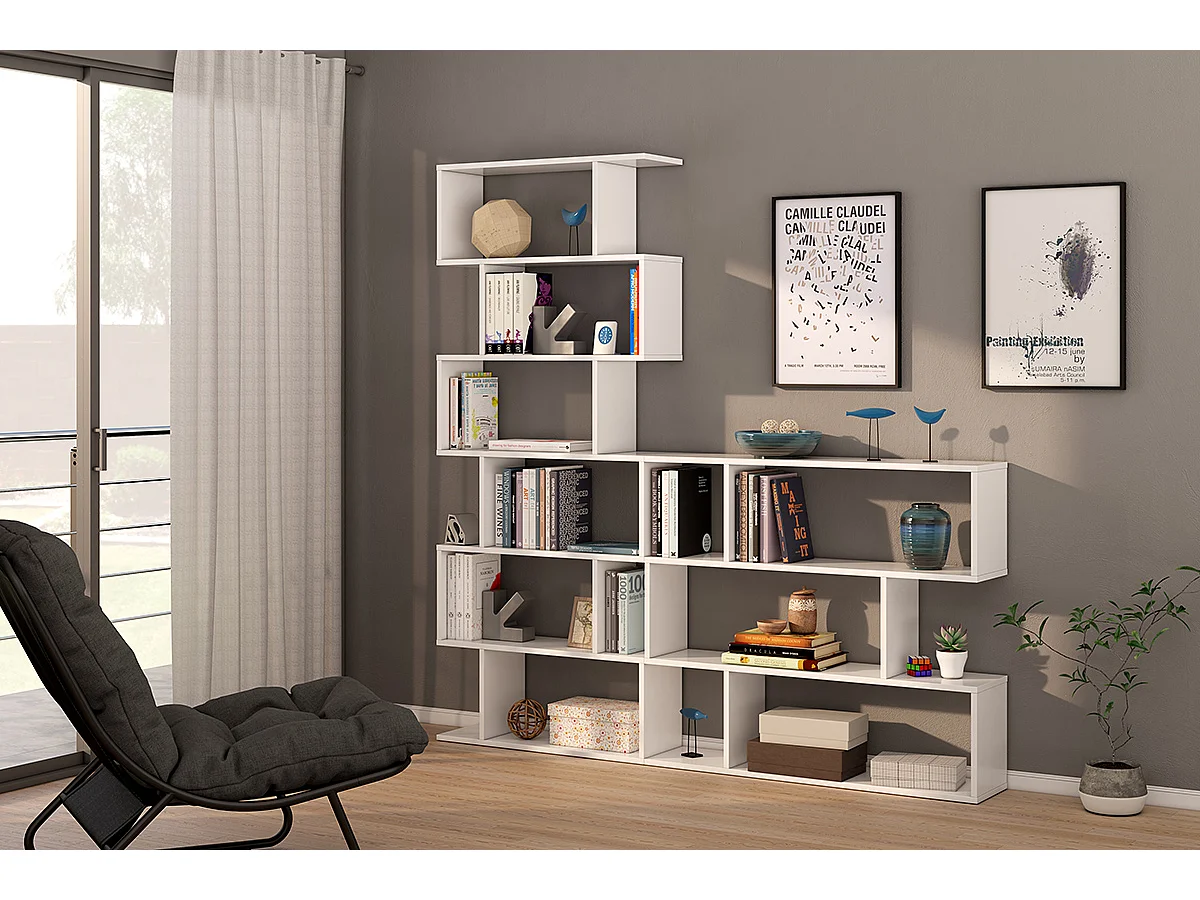 Bibliothèque, étagère basse 3 niveaux en bois mélaminé coloris blanc brillant - Longueur 110 x Profondeur 24 x Hauteur 97 cm