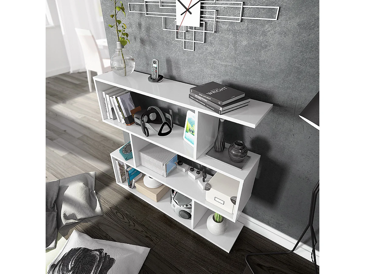 Bibliothèque, étagère basse 3 niveaux en bois mélaminé coloris blanc brillant - Longueur 110 x Profondeur 24 x Hauteur 97 cm