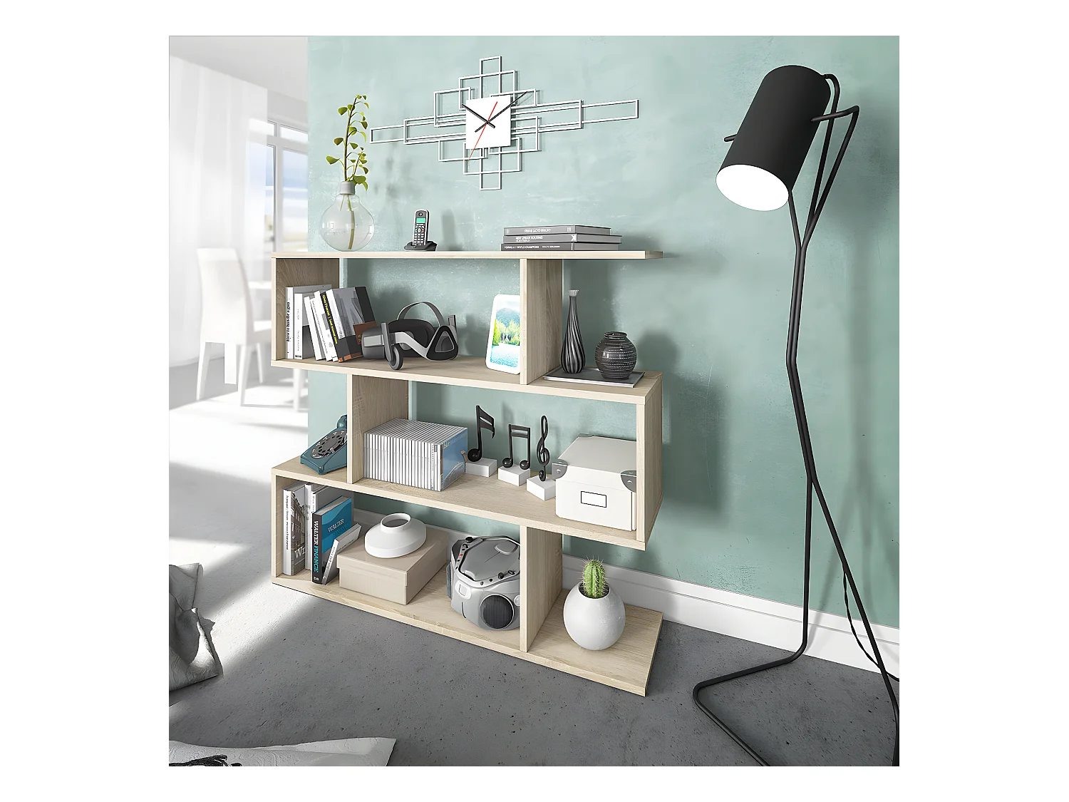 Bibliothèque, étagère basse 3 niveaux en bois mélaminé chêne - Longueur 110 x Profondeur 24 x Hauteur 97 cm