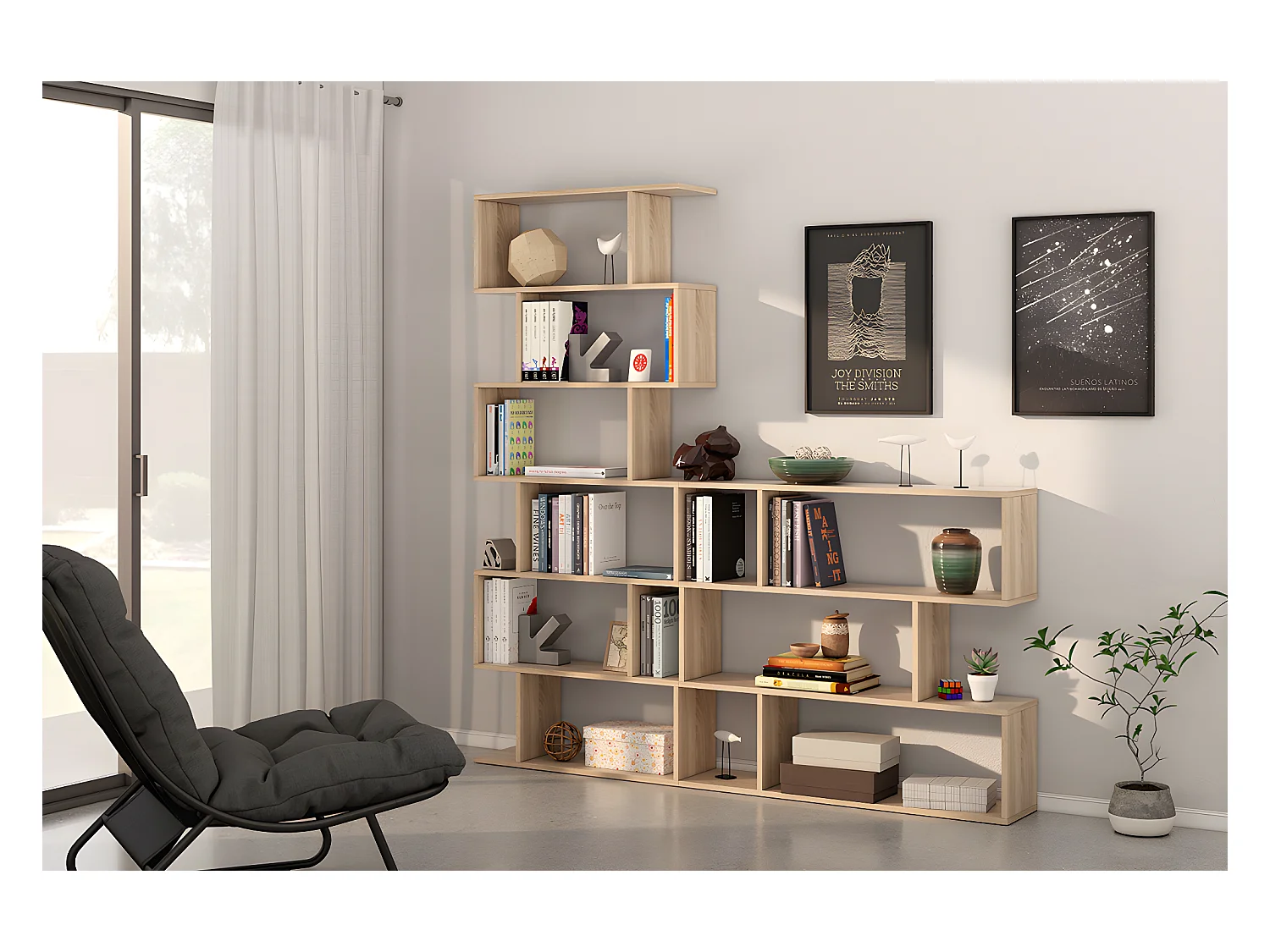 Bibliothèque, étagère basse 3 niveaux en bois mélaminé chêne - Longueur 110 x Profondeur 24 x Hauteur 97 cm