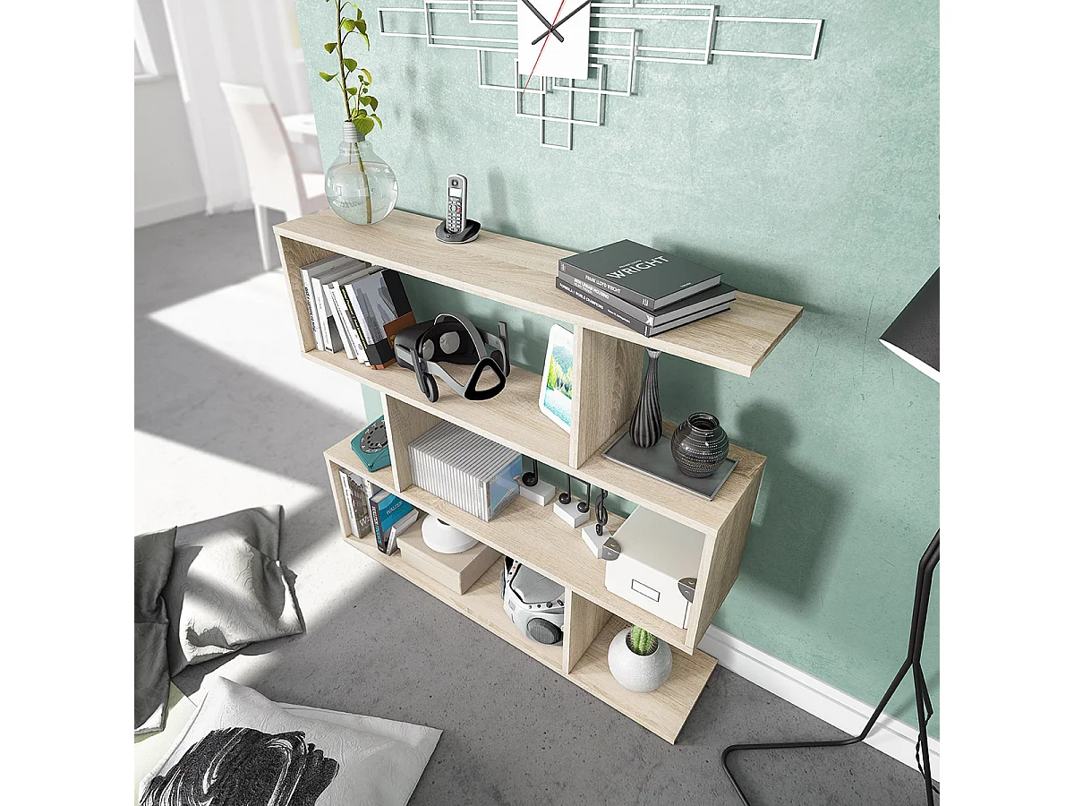 Bibliothèque, étagère basse 3 niveaux en bois mélaminé chêne - Longueur 110 x Profondeur 24 x Hauteur 97 cm