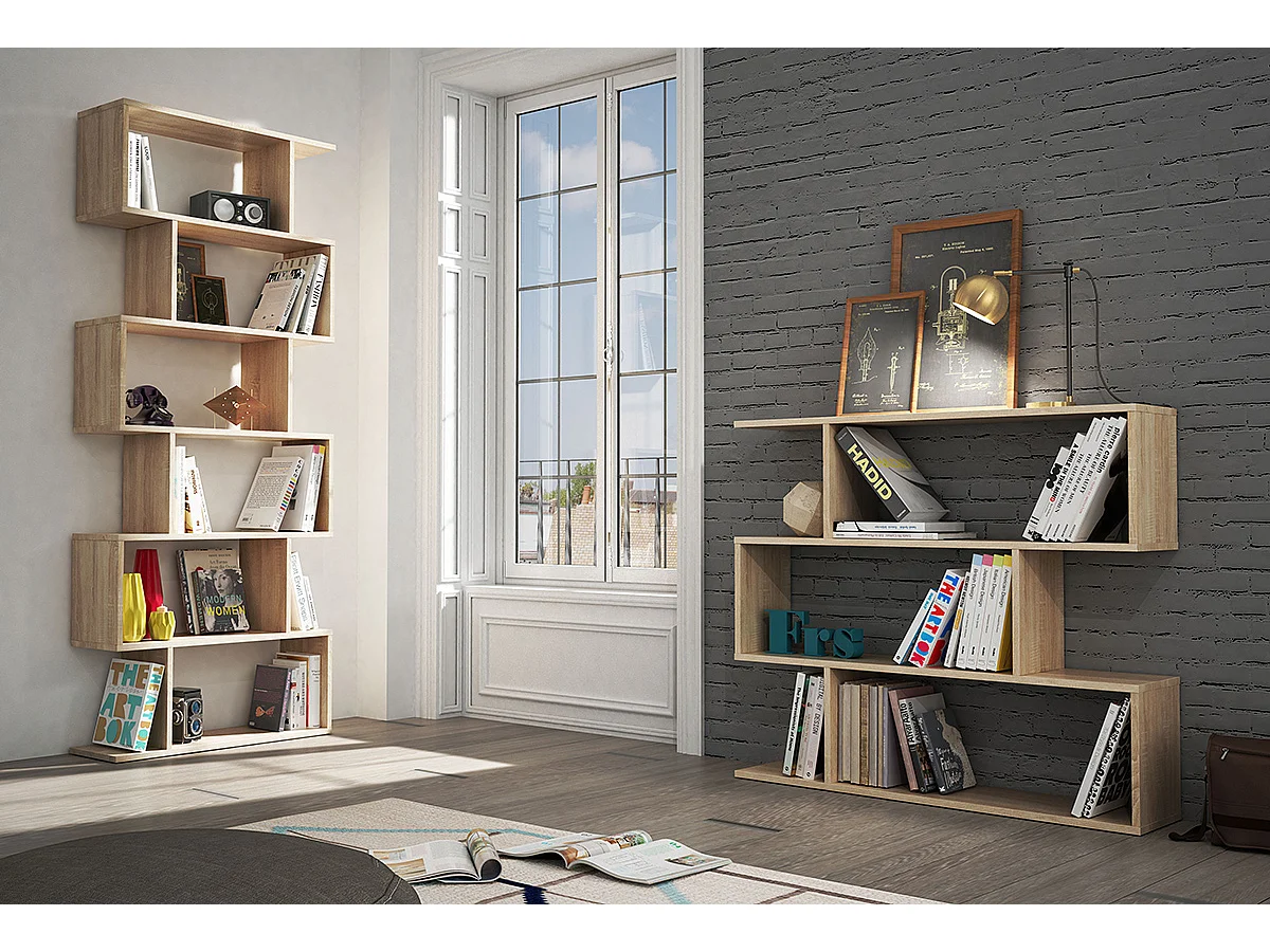 Bibliothèque, étagère basse 3 niveaux en bois mélaminé chêne - Longueur 110 x Profondeur 24 x Hauteur 97 cm