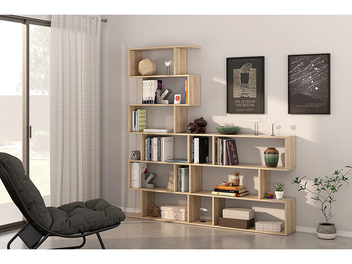 Bibliothèque, étagère basse 3 niveaux en bois mélaminé chêne - Longueur 110 x Profondeur 24 x Hauteur 97 cm