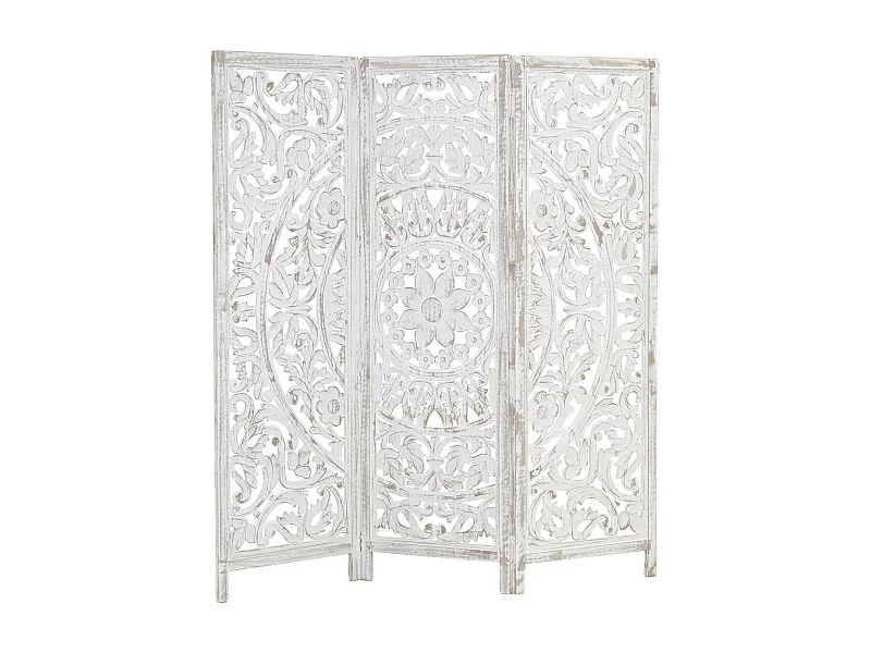 Paravent en manguier sculpté blanchi