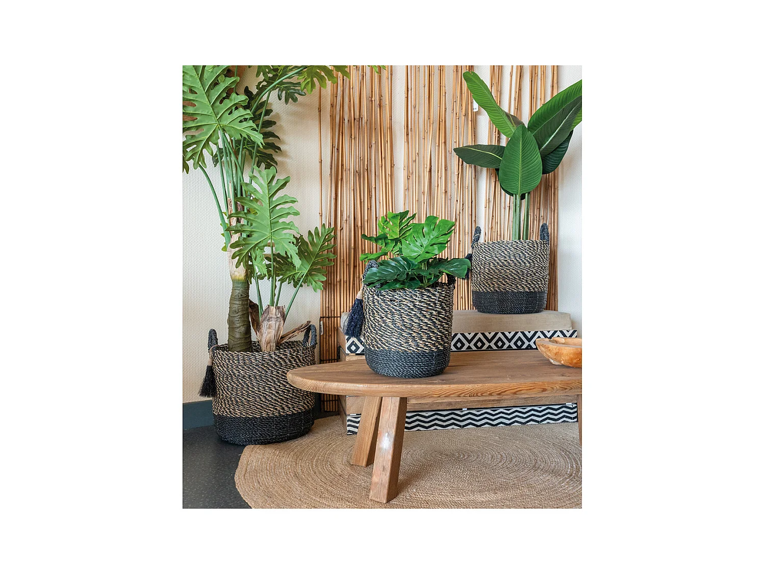 Cache-pots en raphia (Lot de 3) Noir