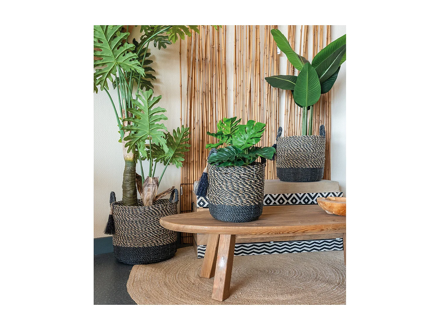Cache-pots en raphia (Lot de 3) Noir