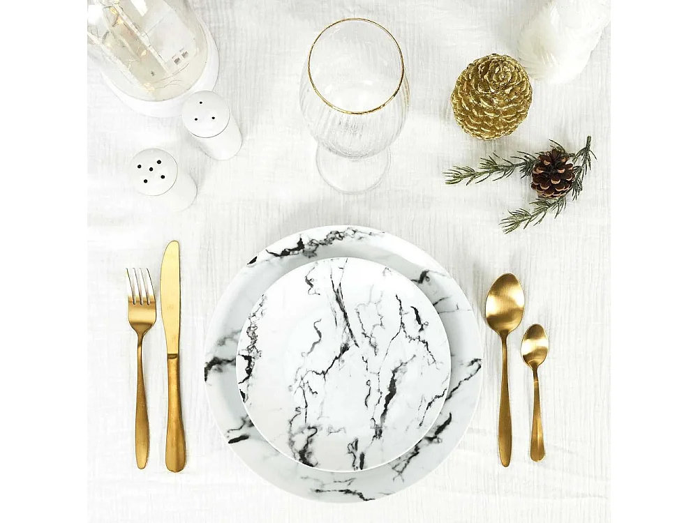 Service de table 12 assiettes en porcelaine motif marbre blanc Marble