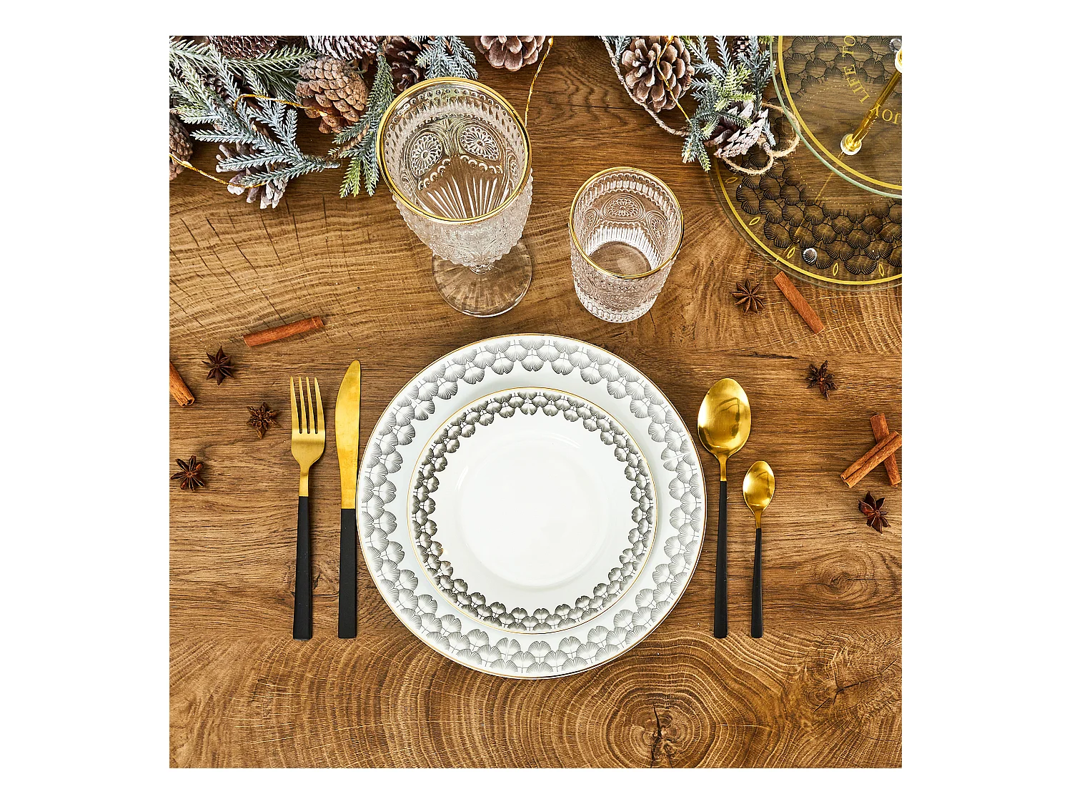 Service 12 Pieces Porcelaine Ginko Blanc, Noir, Or