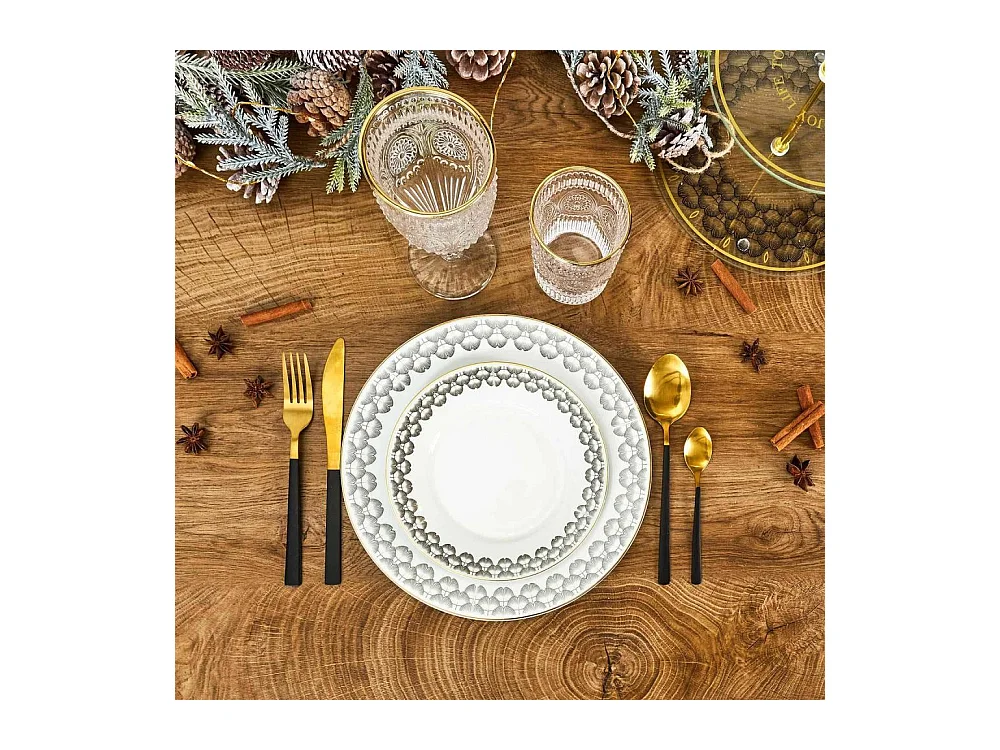 Service 12 Pieces Porcelaine Ginko Blanc, Noir, Or