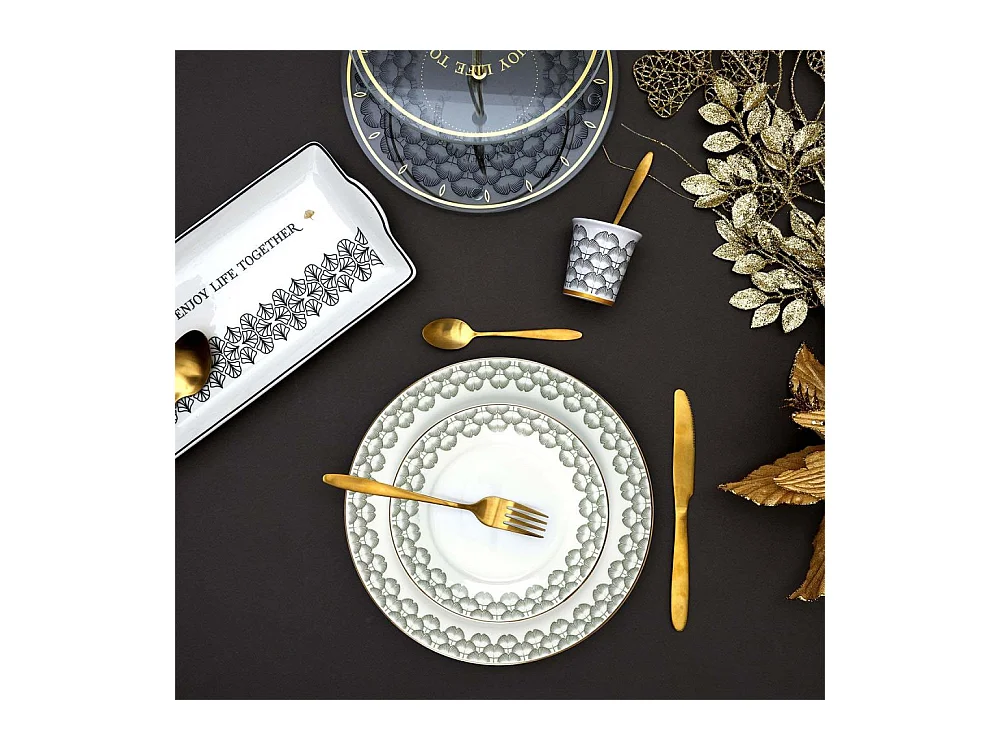 Service 12 Pieces Porcelaine Ginko Blanc, Noir, Or