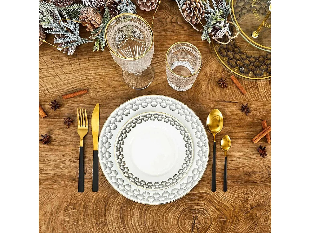 Service 12 Pieces Porcelaine Ginko Blanc, Noir, Or