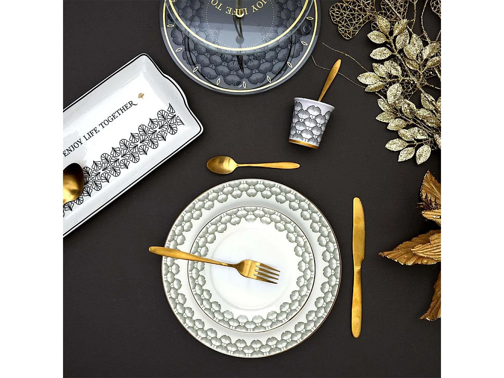 Service 12 Pieces Porcelaine Ginko Blanc, Noir, Or