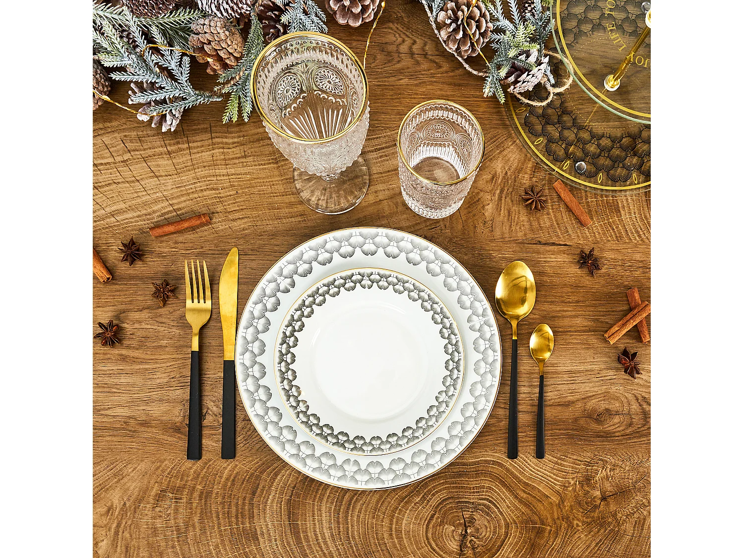 Service 12 Pieces Porcelaine Ginko Blanc, Noir, Or