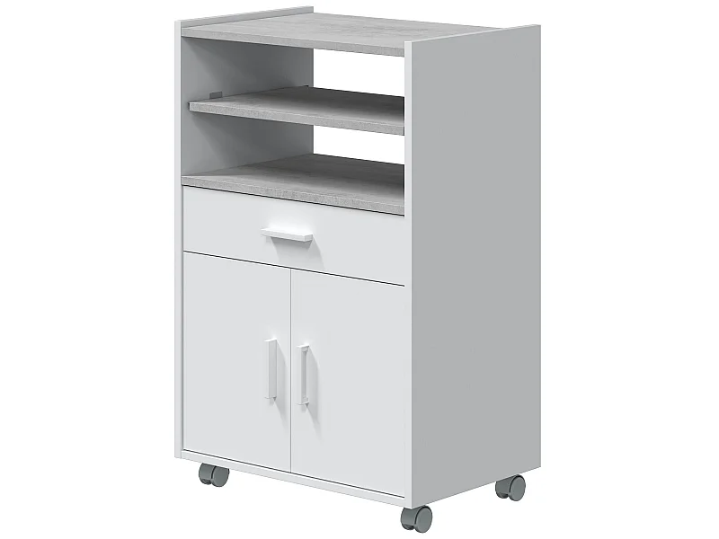 Meuble pour micro-ondes sur roulette en bois mélaminé blanc effet béton - Longueur 59 x Profondeur 40 x Hauteur 92 cm