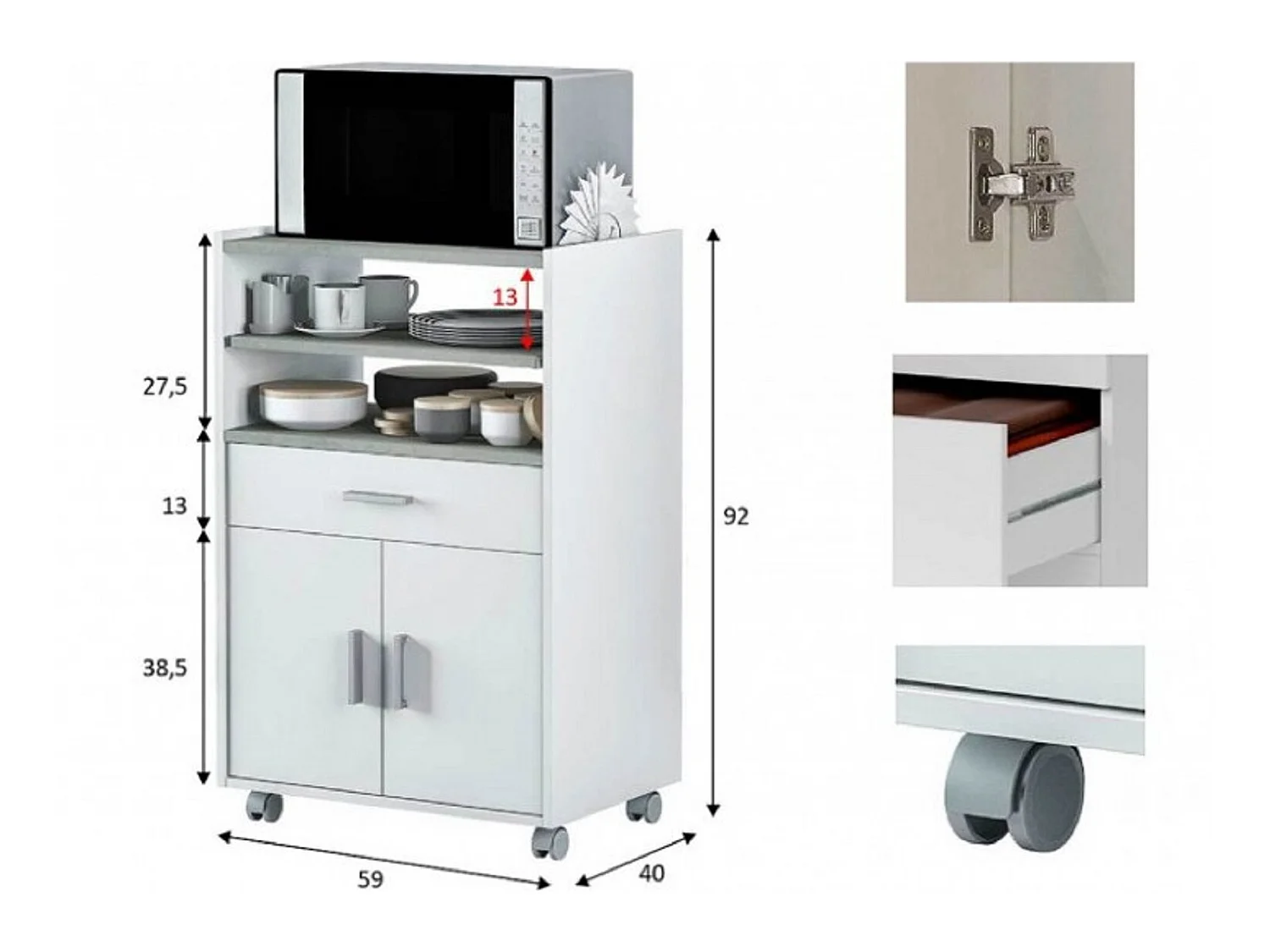 Meuble pour micro-ondes sur roulette en bois mélaminé blanc effet béton - Longueur 59 x Profondeur 40 x Hauteur 92 cm