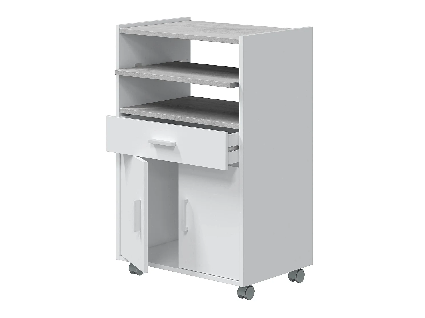 Meuble pour micro-ondes sur roulette en bois mélaminé blanc effet béton - Longueur 59 x Profondeur 40 x Hauteur 92 cm