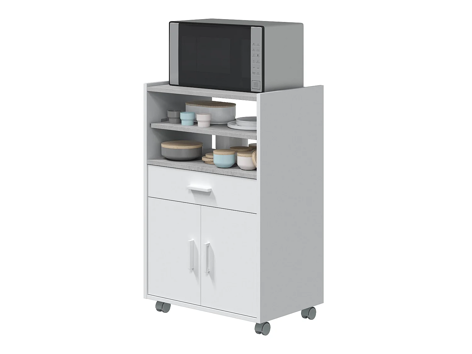 Meuble pour micro-ondes sur roulette en bois mélaminé blanc effet béton - Longueur 59 x Profondeur 40 x Hauteur 92 cm