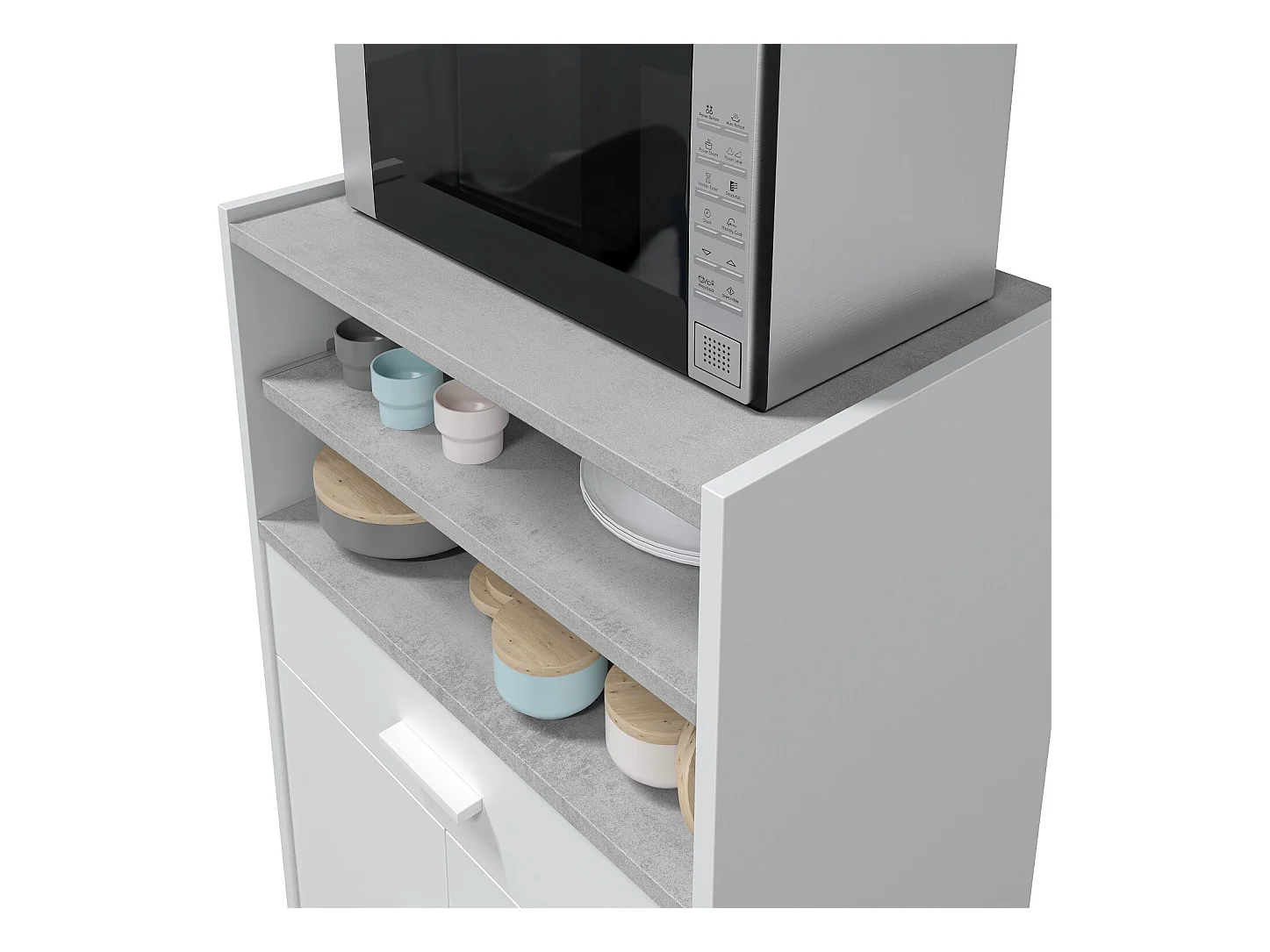 Meuble pour micro-ondes sur roulette en bois mélaminé blanc effet béton - Longueur 59 x Profondeur 40 x Hauteur 92 cm