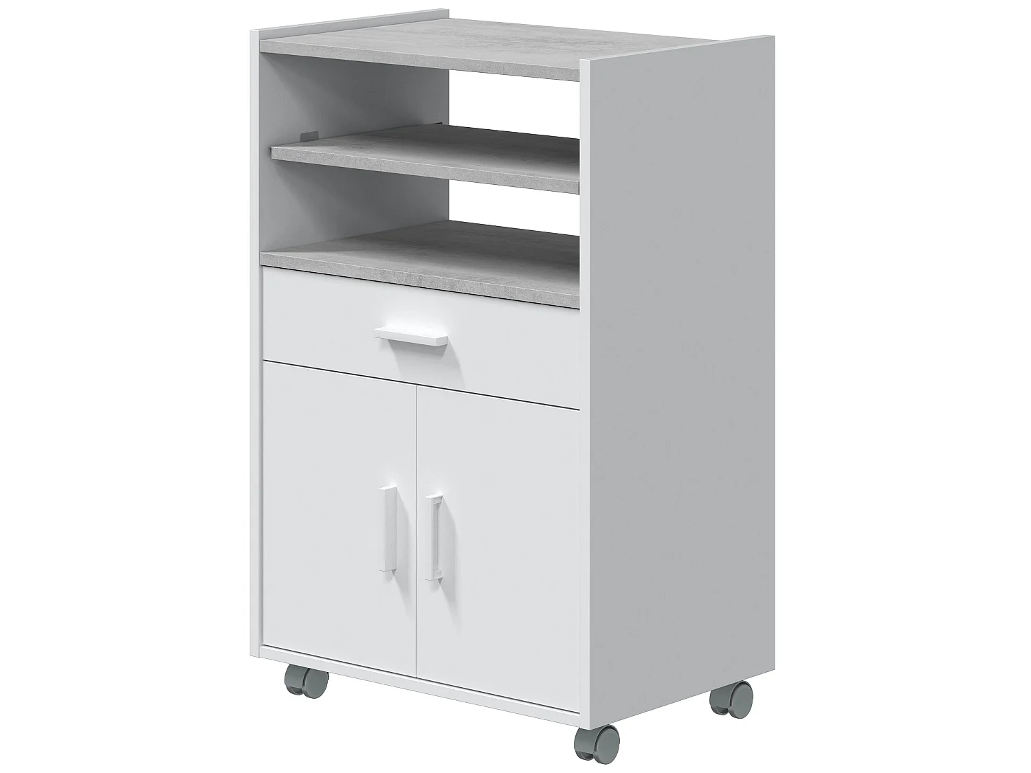 Meuble pour micro-ondes sur roulette en bois mélaminé blanc effet béton - Longueur 59 x Profondeur 40 x Hauteur 92 cm