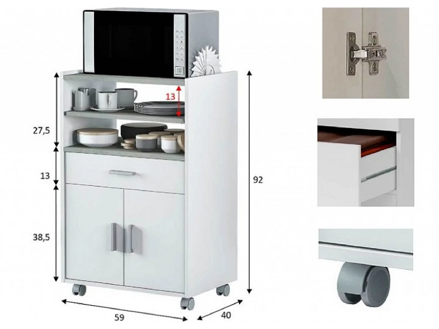 Meuble pour micro-ondes sur roulette en bois mélaminé blanc effet béton - Longueur 59 x Profondeur 40 x Hauteur 92 cm