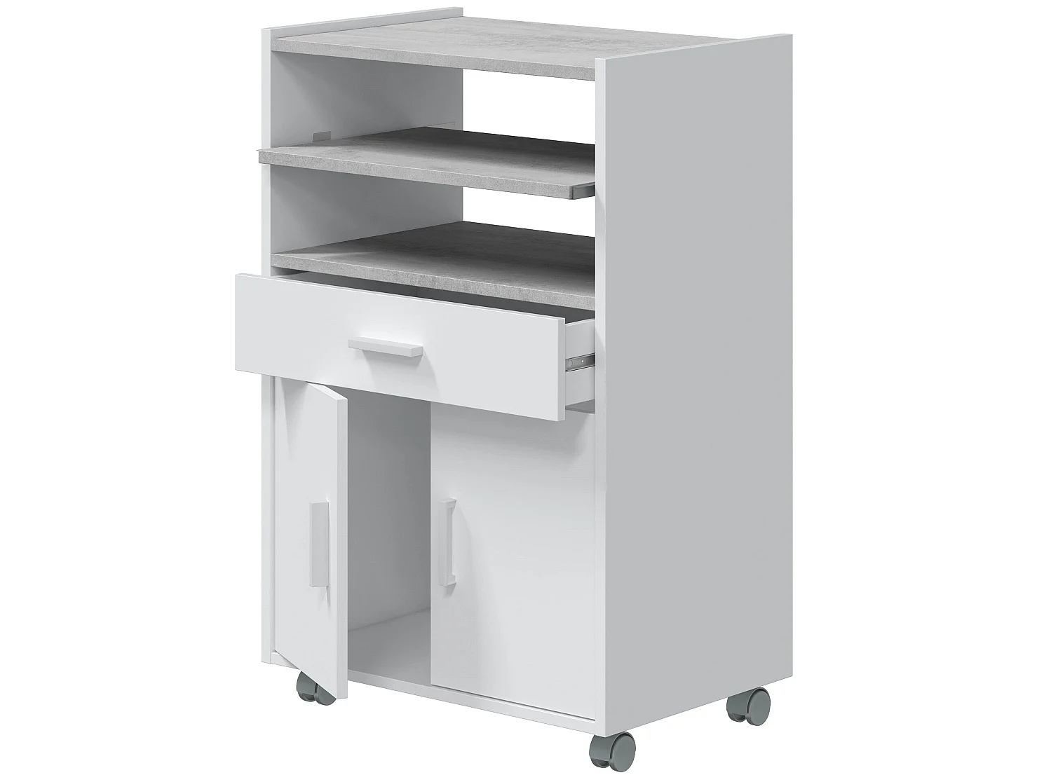 Meuble pour micro-ondes sur roulette en bois mélaminé blanc effet béton - Longueur 59 x Profondeur 40 x Hauteur 92 cm