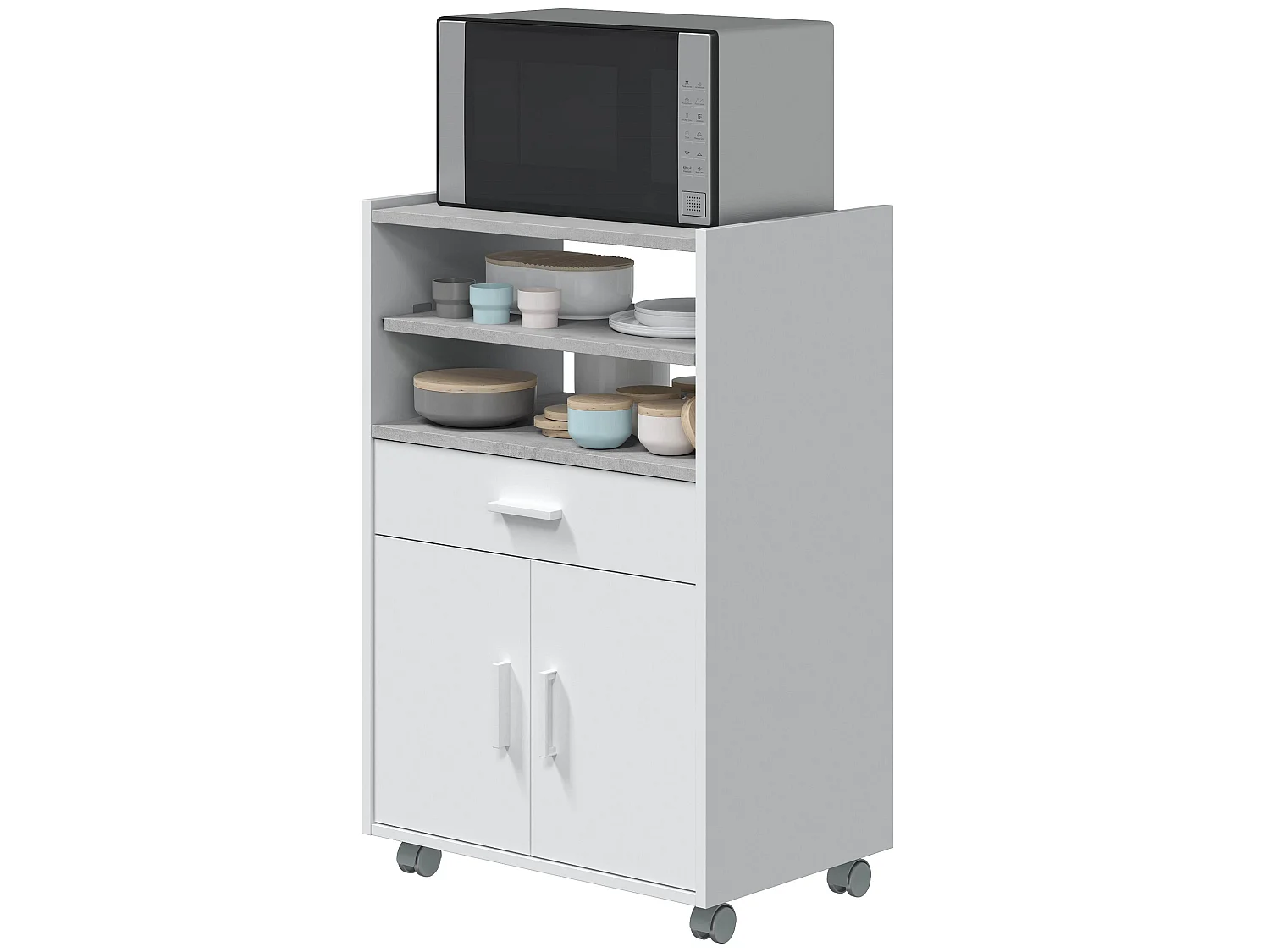 Meuble pour micro-ondes sur roulette en bois mélaminé blanc effet béton - Longueur 59 x Profondeur 40 x Hauteur 92 cm
