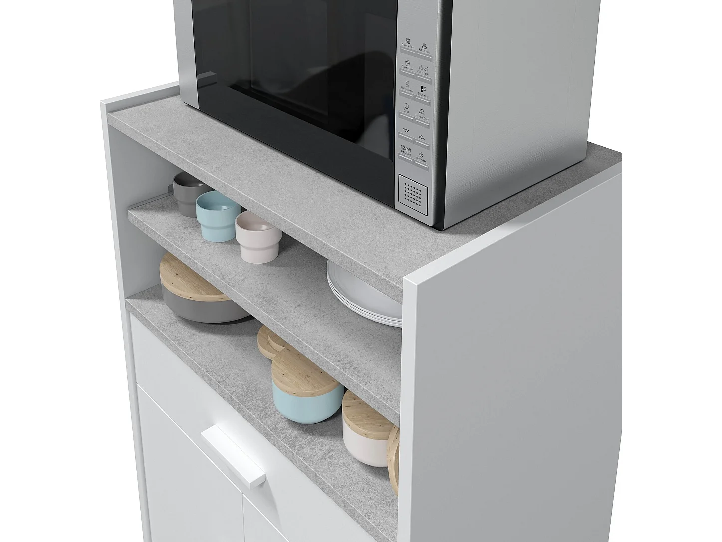 Meuble pour micro-ondes sur roulette en bois mélaminé blanc effet béton - Longueur 59 x Profondeur 40 x Hauteur 92 cm