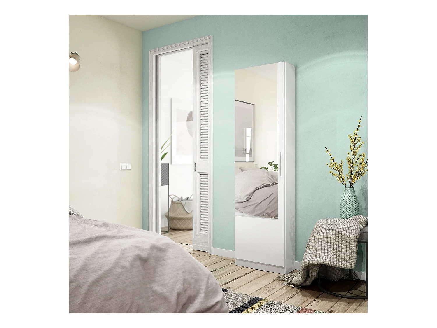 Armoire à chaussures en panneaux de particules mélaminé avec miroir - Longueur 50 x Profondeur 22 x Hauteur 180 cm