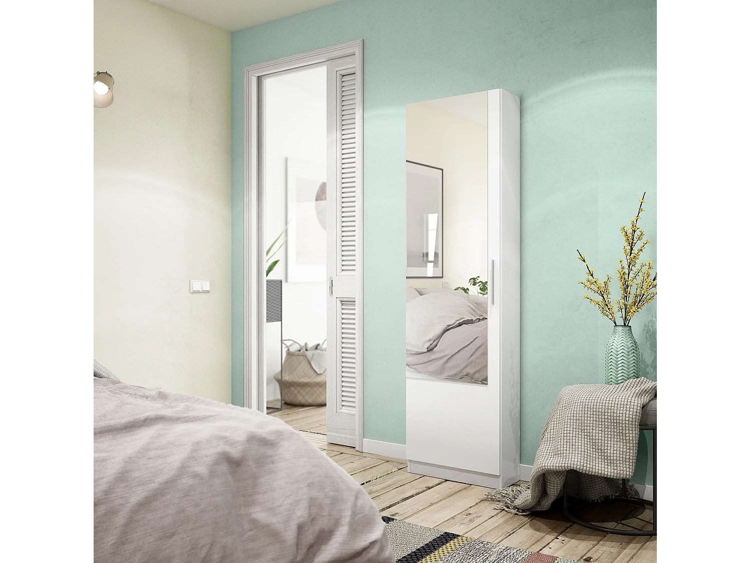 Armoire à chaussures en panneaux de particules mélaminé avec miroir - Longueur 50 x Profondeur 22 x Hauteur 180 cm