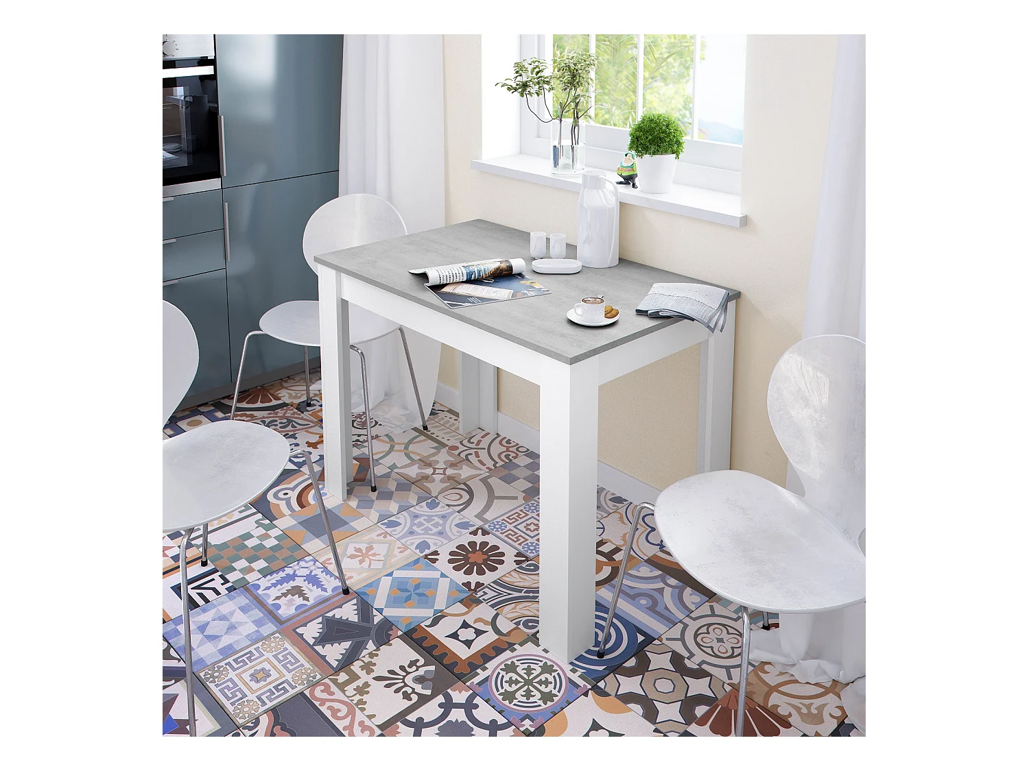 Table à manger rectangulaire en mélamine coloris blanc effet ciment - Longueur 109 x Profondeur 67 x Hauteur 78 cm