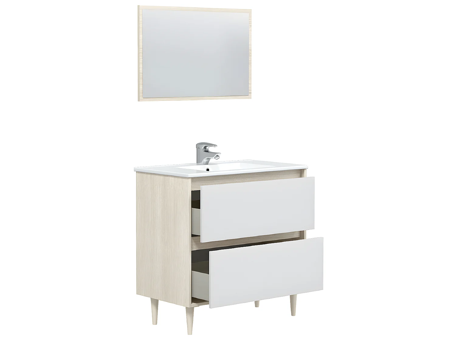 Meuble sous vasque en panneaux de particules mélaminés coloris chêne avec miroir - Longueur 80 x Profondeur 45 x Hauteur 80 cm