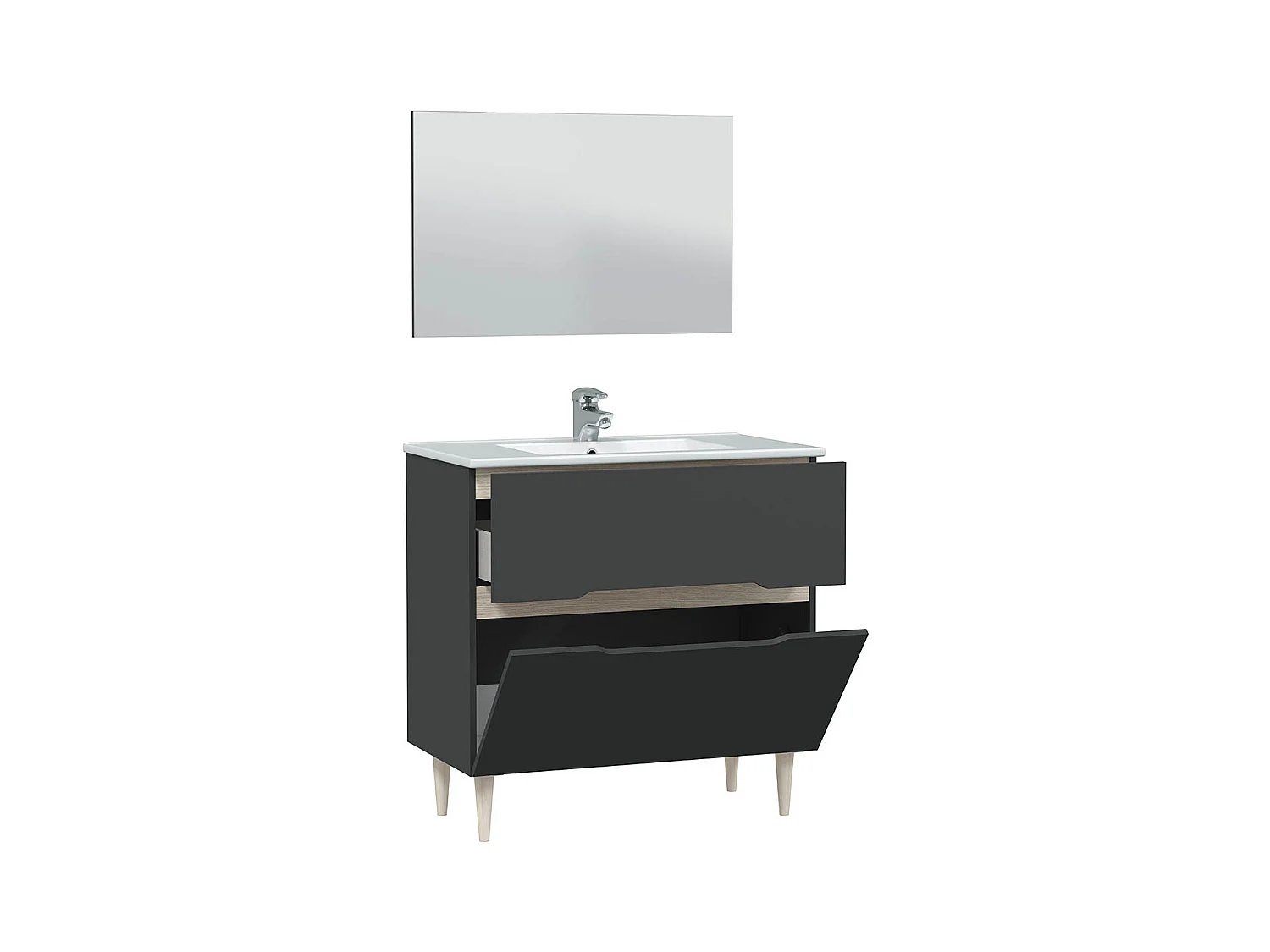 Meuble sous vasque en panneaux de particules mélaminés coloris noir avec miroir - Longueur 80 x Profondeur 45 x Hauteur 80 cm