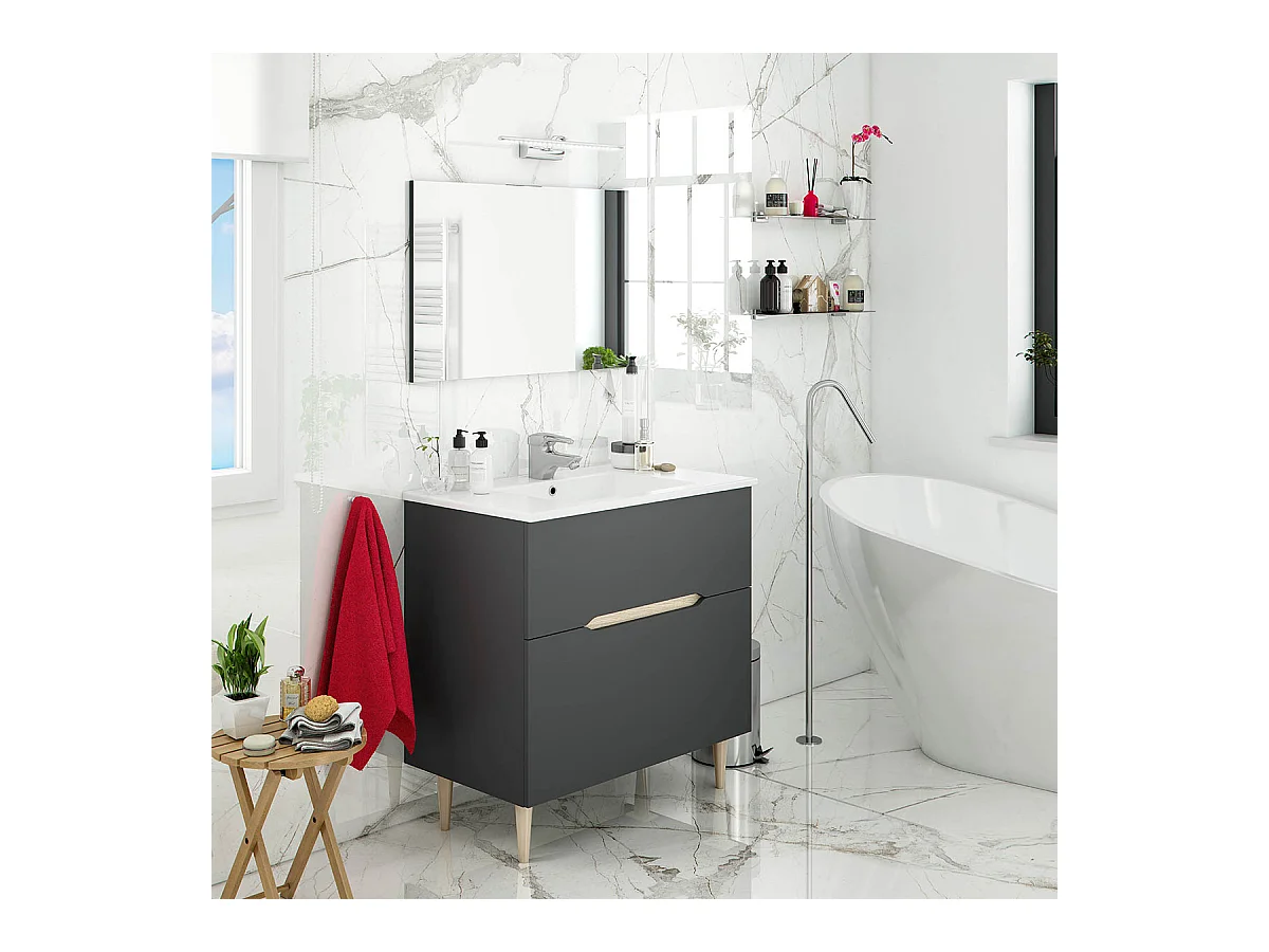 Meuble sous vasque en panneaux de particules mélaminés coloris noir avec miroir - Longueur 80 x Profondeur 45 x Hauteur 80 cm