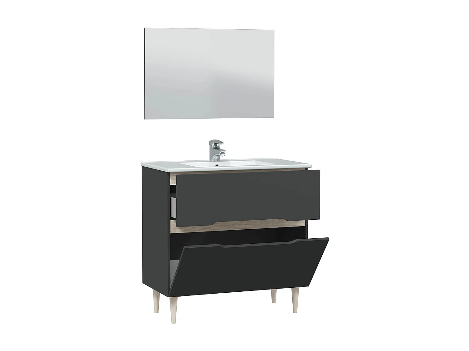 Meuble sous vasque en panneaux de particules mélaminés coloris noir avec miroir - Longueur 80 x Profondeur 45 x Hauteur 80 cm