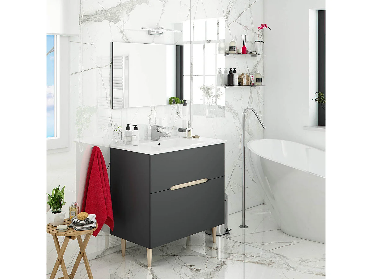 Meuble sous vasque en panneaux de particules mélaminés coloris noir avec miroir - Longueur 80 x Profondeur 45 x Hauteur 80 cm