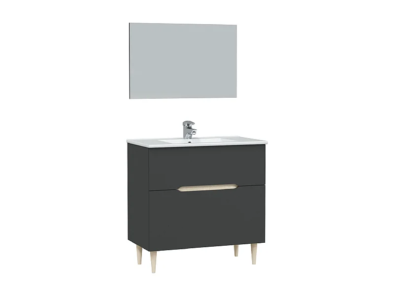 Meuble sous vasque en panneaux de particules mélaminés coloris noir avec miroir - Longueur 80 x Profondeur 45 x Hauteur 80 cm