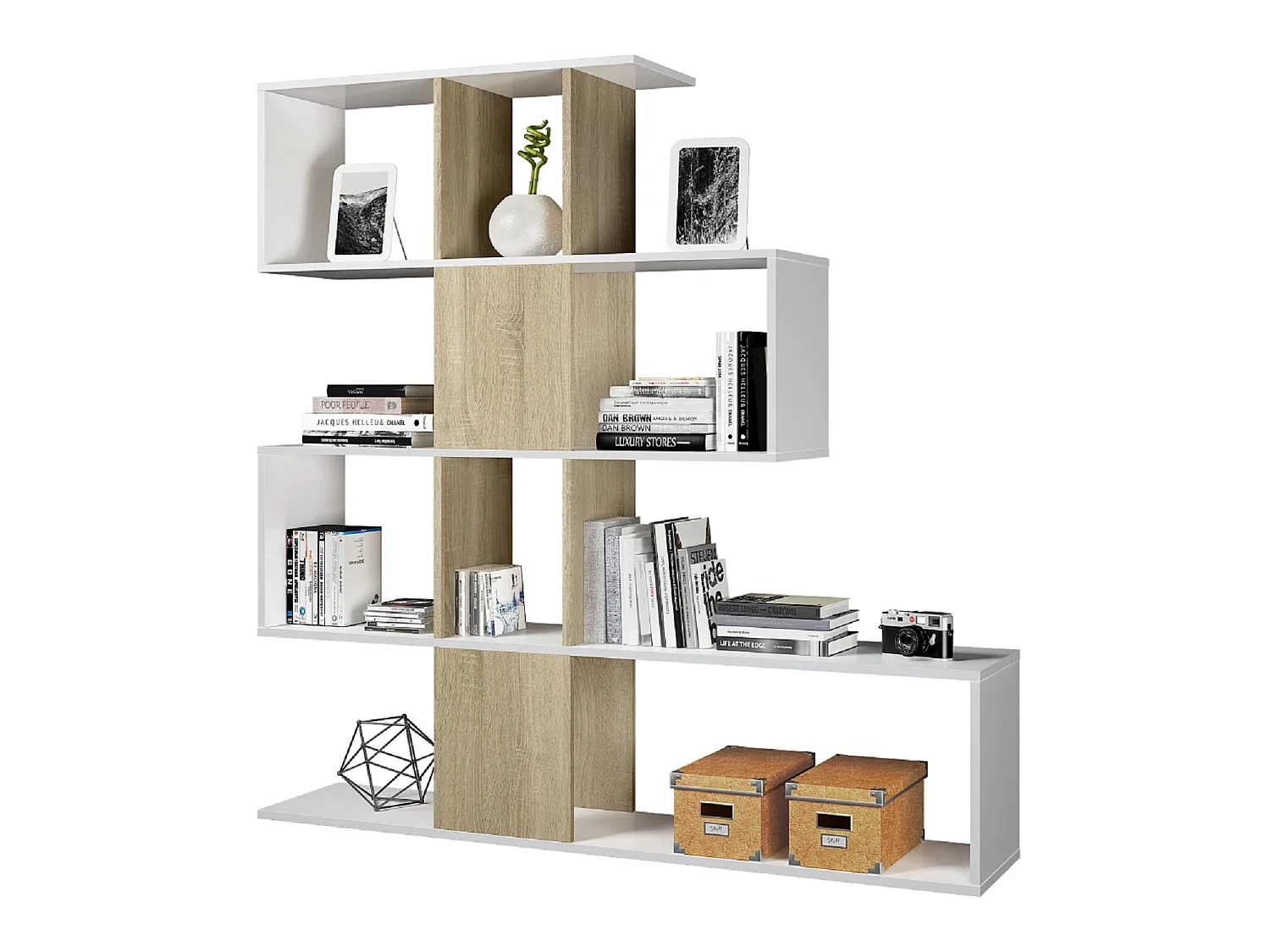 Bibliothèque forme zig zag en bois de chêne coloris blanc - Longueur 145 x Profondeur 29 x Hauteur 145 cm