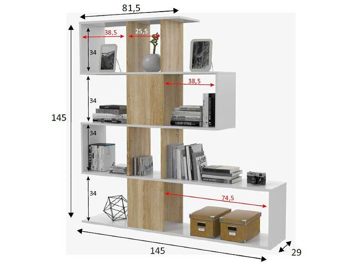 Bibliothèque forme zig zag en bois de chêne coloris blanc - Longueur 145 x Profondeur 29 x Hauteur 145 cm