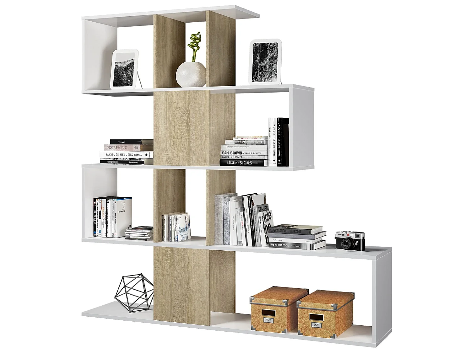 Bibliothèque forme zig zag en bois de chêne coloris blanc - Longueur 145 x Profondeur 29 x Hauteur 145 cm