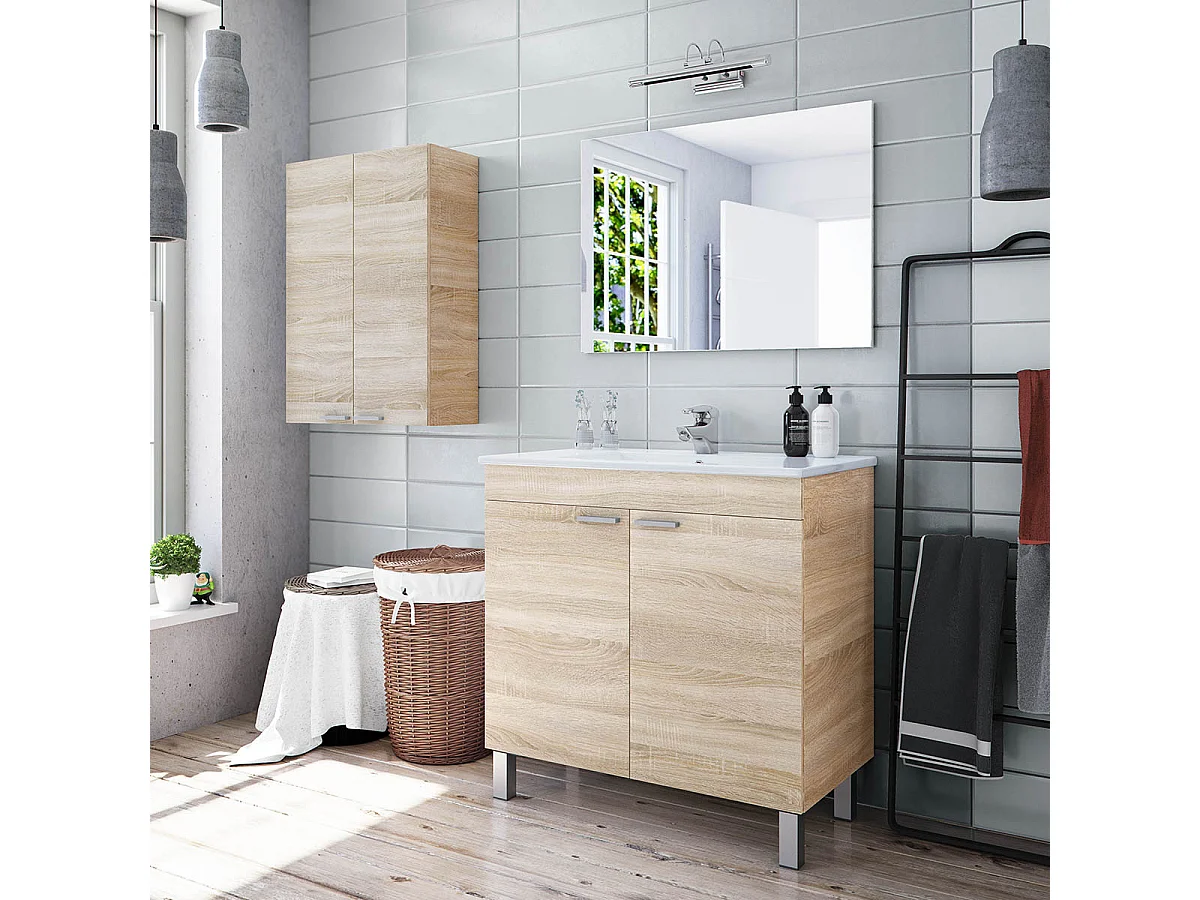 Colonne suspendue en panneaux de particules agglomérées MDF coloris bois clair - Longueur 30 x Profondeur 25 x Hauteur 85 cm